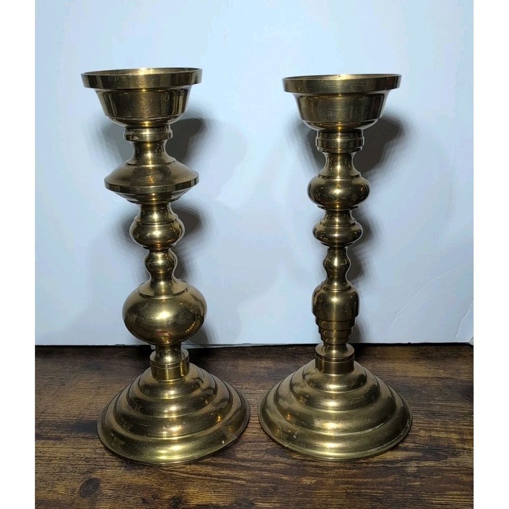 MCM Brass Candlestick Holders Vintage 11.5 Inch Set Of Two Modern Home Decor
